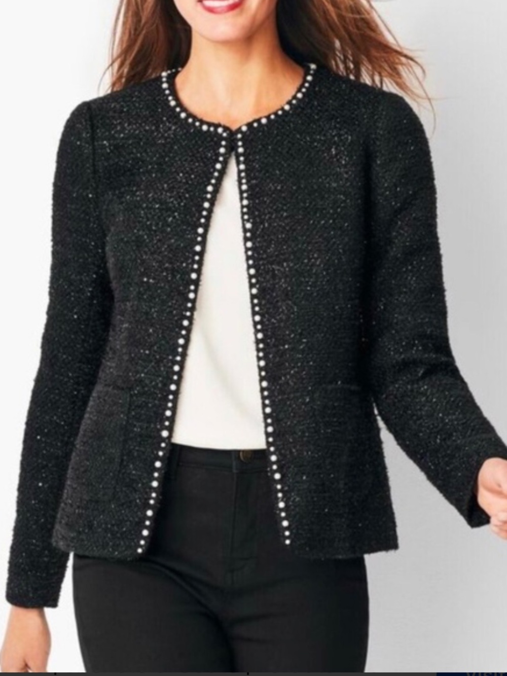 Talbots RSVP Sz 10 Blazer Black Metallic Tweed Pearl Trim Jacket Evening Classic